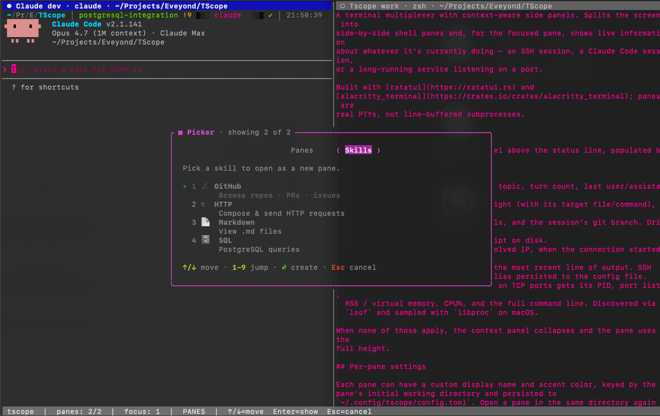 TScope TUI showing split panes with a Claude Code session on the left and a pane settings modal overlay on the right.